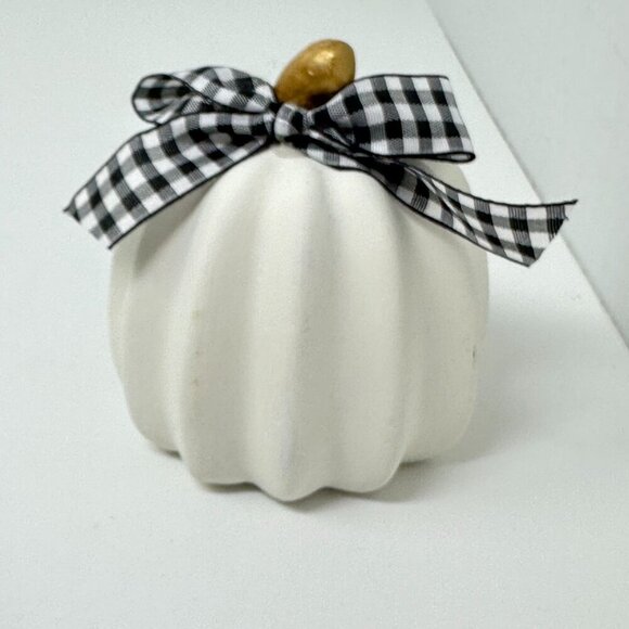 Farmhouse Pumpkin Trio White Gray Green Buffalo Check Ribbon Fall Decor Set - Picture 2 of 10
